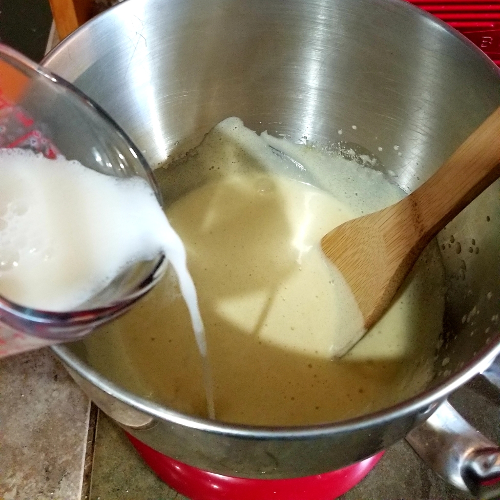 Milk mixture added to eggs